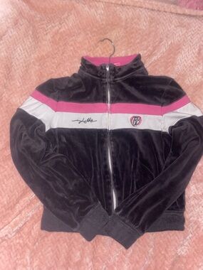 Pink and black velour horse back riding jacket with rhinestone detail